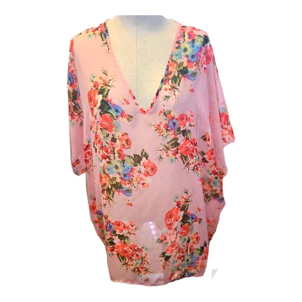 Meritt, Pink floral sheer one size top. Beachy, Chic, Oversized,
